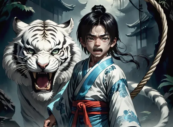 The image of the boy in the picture is unique, with black hair and long hair. He was dressed in Hanfu and wore fine jewelry. The boy holds a rope and faces a white tiger with a wide open mouth. The tiger's teeth are clearly visible, adding to the horror and mystery of the picture. The background of the picture is a dark scene, creating an atmosphere of mystery and danger. In general, this is a work of great visual impact and artistic value, suitable for use as a work of art or wallpaper.