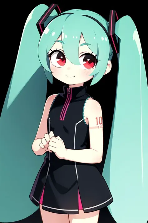 1girl, solo,looking at viewer,simple background, ð,portrait,cowboy shot,
standing ,side smile:1.1 ,detailed eyes , detailed face, adorable face , cute, hatsune miku, long eyelashes, red eyes, black dress,
<lora:SockFuStyle-10:0.5>, <lora:kionantArtistStyle_v10:0.3>