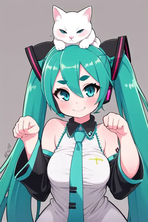 (best quality, masterpiece), detailed,1girl, solo,looking at viewer,simple background, curvy, upper body, paw pose, cat on head, medium breasts,
standing ,smile ,detailed eyes , detailed face, adorable face , cute, hatsune miku, log eyelashes, thick eyebrows, elbow hand out of frame, <<lora:kionantStyle-20:0.8>,kionant, <lora:beautifulDetailedEyes:0.2>