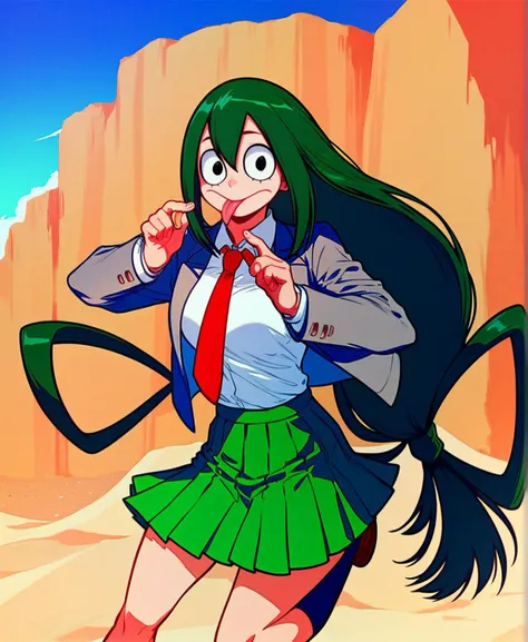 score_9_up, score_8_up, score_7_up, upper body, 1girl, Asui Tsuyu\(boku no hero academia\), green hair, very long hair, low-tied long hair, tied hair, black eyes, medium breasts, long_tongue, :p, tongue out, u.a._school_uniform, grey jacket, blazer, long sleeves, white collared shirt, red necktie, green skirt, pleated skirt, black socks, brown loafers
, outdoors, in a desert, sand, source_anime, anime style