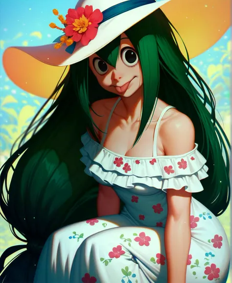 score_9_up, score_8_up, score_7_up, upper body, looking at viewer, 1girl, Asui Tsuyu, green hair, very long hair, low-tied long hair, tied hair, black eyes, wide hips, medium breasts, :p, tongue out, crouching, off-shoulder sundress, long dress, floral print, bare shoulders, collarbone, sun hat
, source_anime, anime style
