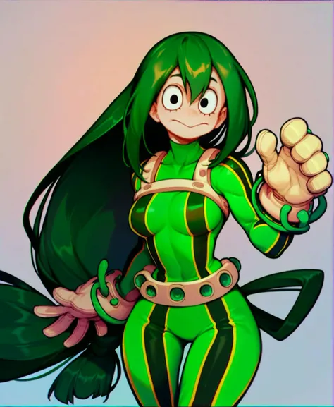 score_9_up, score_8_up, score_7_up, cowboy shot, 1girl, Asui Tsuyu\(boku no hero academia\), green hair, very long hair, low-tied long hair, tied hair, black eyes, wide hips, medium breasts, smiling,
, source_anime, anime style