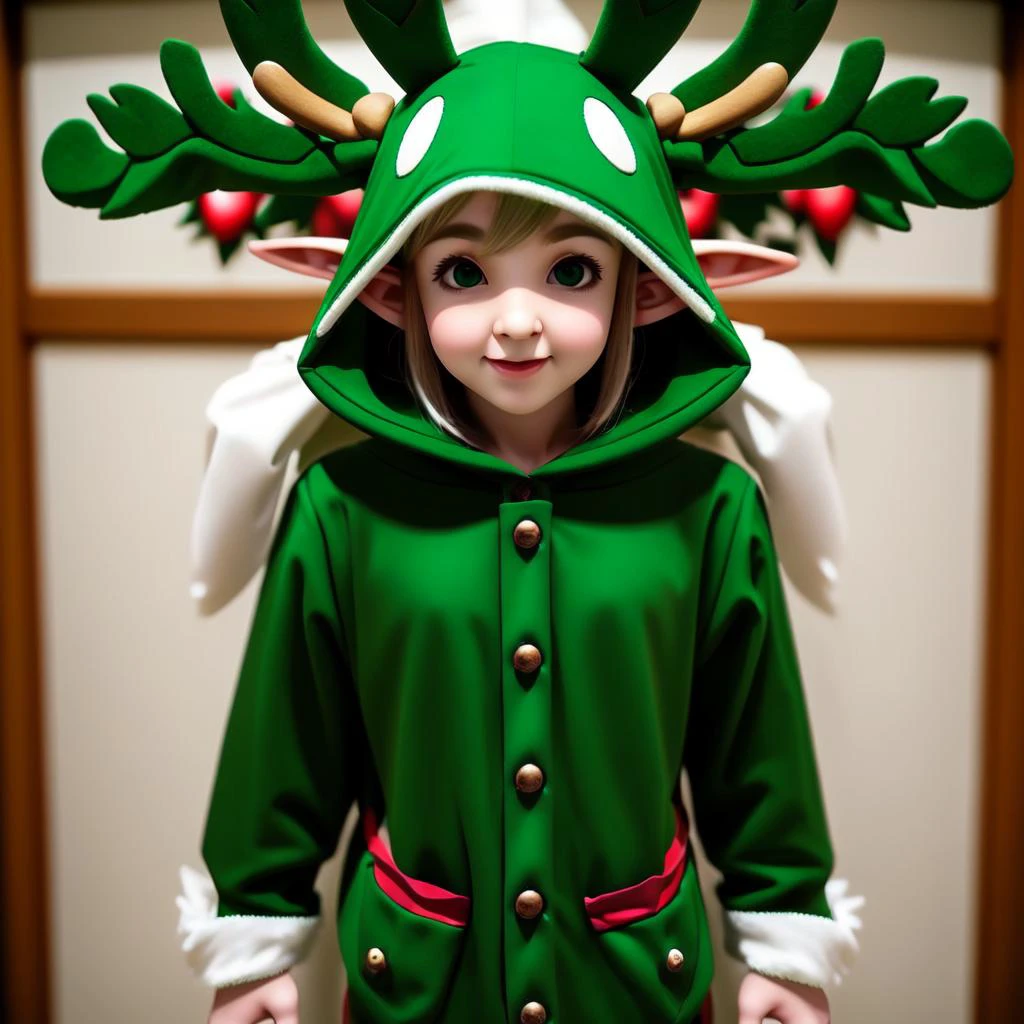 <lora:animal_hood_v1:0.5> animal_hood, costume, ANHD, gleen, (elf:1.5), elf _ear, green reindeer, Christmas,
