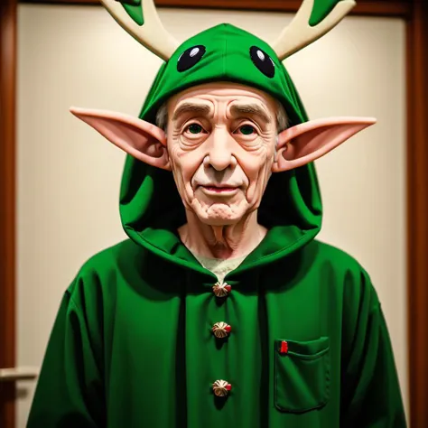 <lora:animal_hood_v1:0.5> animal_hood, costume, ANHD, gleen, (elf:1.5), elf _ear, green reindeer, Christmas, old man