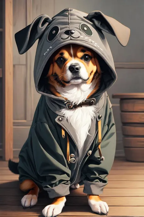 (masterpiece, best quality, ultra detailed), 1dog, animal_hood, costume, ANHD, <lora:animal_hood_v1:0.5>,