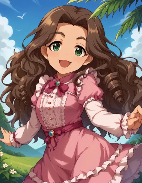 score_9,score_8_up,score_7_up,1girl,solo,cowboy shot,looking at viewer,smile,open mouth,outdoors,
<lora:kusakabewakaba_ponyXLV6:0.8>,cgkw,kwha,brown hair,long hair,drill hair,wavy hair,thick eyebrows,green eyes,
pink dress,frilled sleeves