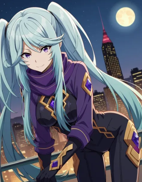score_9, score_8_up, score_7_up, source_anime,
shadowepsilon, <lora:shadow-epsilon-ponyxl-lora-nochekaiser:1>,
epsilon, long hair, twintails, blue hair, purple eyes, sidelocks, smile,
bodysuit, scarf, purple scarf, gloves, black gloves,
outdoors, cityscape, night, moon, bent over,
looking at viewer, cowboy shot, dutch angle,