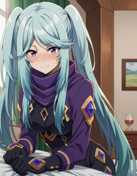 score_9, score_8_up, score_7_up, source_anime,
shadowepsilon, <lora:shadow-epsilon-ponyxl-lora-nochekaiser:1>,
epsilon, long hair, twintails, blue hair, purple eyes, sidelocks, smile,
bodysuit, scarf, purple scarf, gloves, black gloves,
indoors, bed, bed room, on side, blush, drunk,
looking at viewer, cowboy shot, dutch angle,