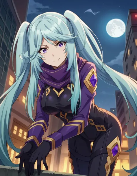score_9, score_8_up, score_7_up, source_anime,
shadowepsilon, <lora:shadow-epsilon-ponyxl-lora-nochekaiser:1>,
epsilon, long hair, twintails, blue hair, purple eyes, sidelocks, smile,
bodysuit, scarf, purple scarf, gloves, black gloves,
outdoors, cityscape, night, moon, bent over,
looking at viewer, cowboy shot, dutch angle,
