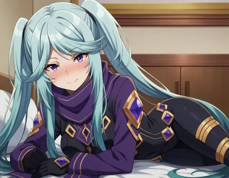score_9, score_8_up, score_7_up, source_anime,
shadowepsilon, <lora:shadow-epsilon-ponyxl-lora-nochekaiser:1>,
epsilon, long hair, twintails, blue hair, purple eyes, sidelocks, smile,
bodysuit, scarf, purple scarf, gloves, black gloves,
indoors, bed, bed room, on side, blush, drunk,
looking at viewer, cowboy shot, dutch angle,