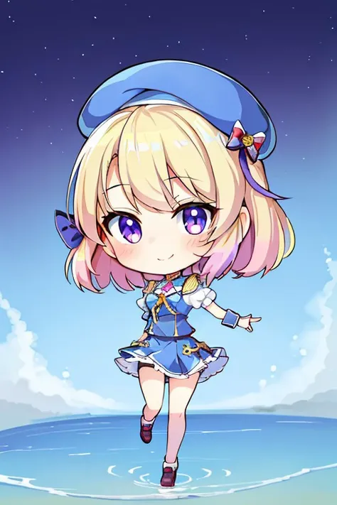(masterpiece), best quality, expressive eyes, high quality eyes, perfect face, bedroom background, purple eyes, Z23 (Perfect Smile), <lora:z23_v1:0.7>, ((chibi)), ((1person)), light blue skirt, light blue blue beret, short light blond hair,