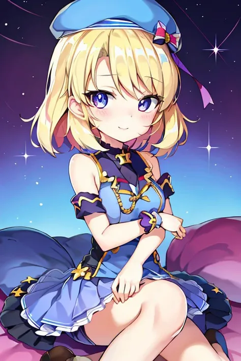 (masterpiece), best quality, expressive eyes, high quality eyes, perfect face, bedroom background, purple eyes, Z23 (Perfect Smile), <lora:z23_v1:0.7>, ((chibi)), ((1person)), light blue skirt, light blue blue beret, short light blond hair,