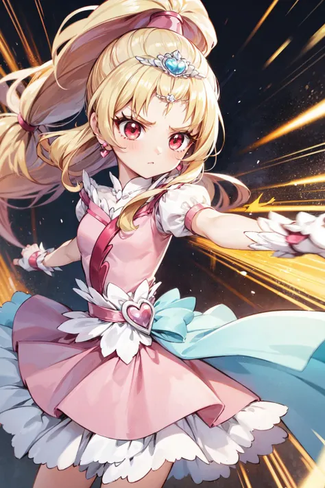 masterpiece,best quality,1girl,cure tomorrow,(light blonde hair|white hair),light red eyes,very long hair,long hair,high ponytail,pink dress,puffy short sleeves,(tiara),wrist cuffs,earrings,eyelashes,fingerless gloves,(serious,v-shaped eyebrows),fighting stance,(attack),incoming attack,motion lines,motion blur,light particles,meteor,<lora:locon_cure_tomorrow_01:0.9>,<lora:Concept-control tool-add_detail-CyberAIchemist:0.8>,