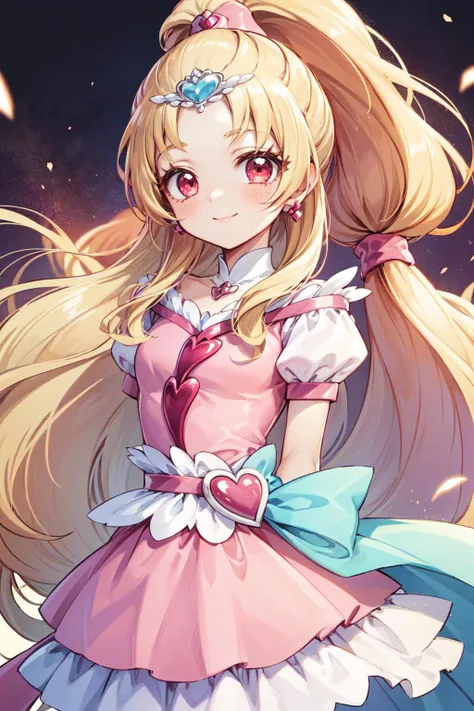 masterpiece,best quality,1girl,cure tomorrow,(light blonde hair|white hair),light red eyes,very long hair,long hair,high ponytail,pink dress,puffy short sleeves,(tiara),wrist cuffs,earrings,eyelashes,fingerless gloves,smile,arms behind back,multicolored background,light particles,<lora:locon_cure_tomorrow_01:0.9>,<lora:Concept-control tool-add_detail-CyberAIchemist:0.8>,