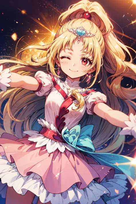 masterpiece,best quality,1girl,cure tomorrow,(light blonde hair|white hair),light red eyes,very long hair,long hair,high ponytail,pink dress,puffy short sleeves,(tiara),wrist cuffs,earrings,eyelashes,fingerless gloves,smile,(one eye closed),spread arms,outstretched arms,(dynamic pose),multicolored background,light particles,(dutch angle),meteor,<lora:locon_cure_tomorrow_01:0.9>,