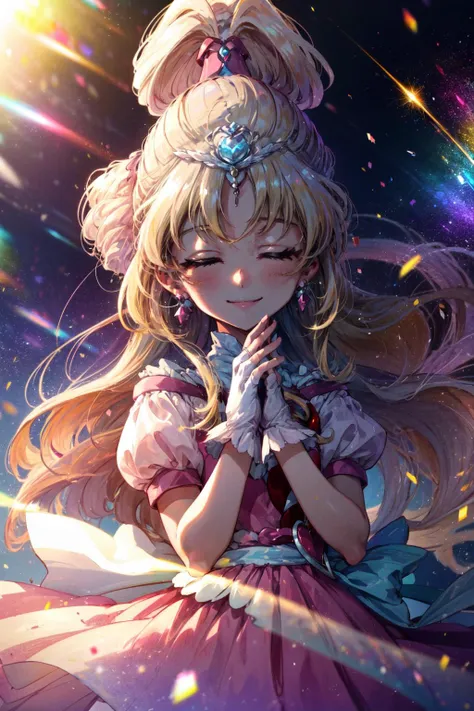 masterpiece,best quality,1girl,cure tomorrow,(light blonde hair|white hair),very long hair,long hair,high ponytail,pink dress,puffy short sleeves,(tiara),wrist cuffs,earrings,eyelashes,fingerless gloves,smile,closed eyes,praying,multicolored background,light particles,meteor,<lora:locon_cure_tomorrow_01:0.9>,<lora:Concept-control tool-add_detail-CyberAIchemist:0.3>,