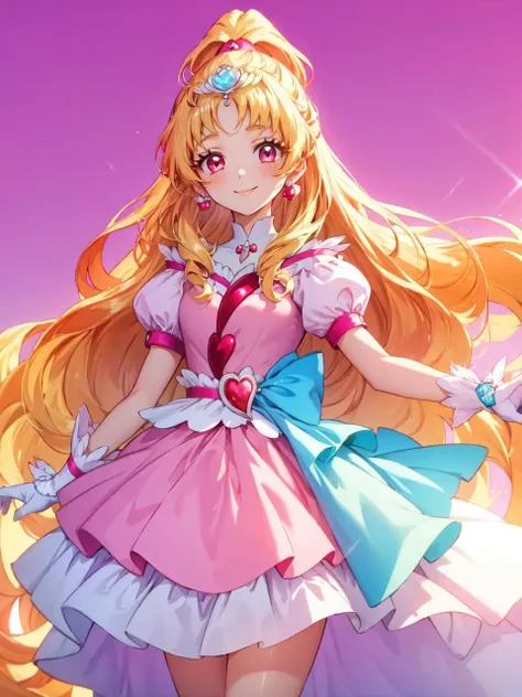 masterpiece, best quality, looking at viewer, depth of field, standing,
1girl, <lora:locon_cure_tomorrow_01:0.9>, cure tomorrow, long hair,  puffy short sleeves, tiara, wrist cuffs, earrings, eyelashes, fingerless gloves,
smile, ((gradient background)), lens flare,