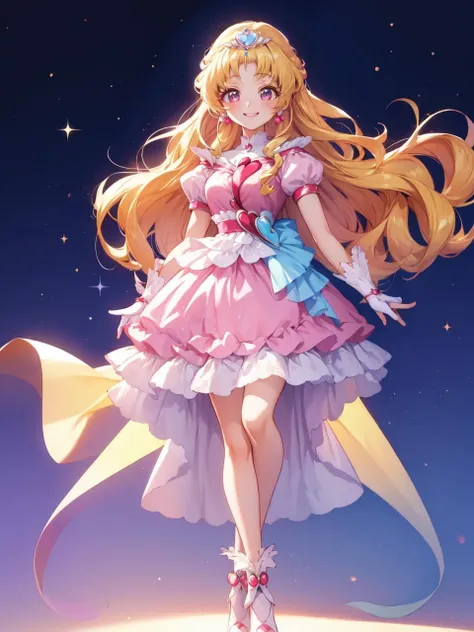 a girl in a pink dress standing on a rock with a star in the background