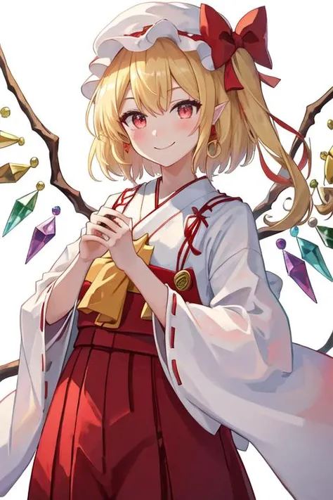 best quality, masterpiece, highres, solo, {white kimono:1.35}, {red hakama:1.35}, {wide sleeves:1.20}, {flandre_scarlet_touhou:1.15}, blonde_hair, wings, red_eyes, crystal, bangs, hat, one_side_up, ribbon, mob_cap, bow, blush, smile, vest, white_headwear, red_vest, ascot, hair_between_eyes, red_bow, red_ribbon, upper_body, hat_ribbon, yellow_ascot, short_hair