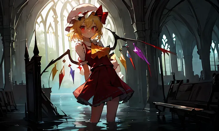 masterpiece,best quality,extremely clear,1girl,<lora:flandre_scarlet_touhou:1>,young girl,(arms behind back:1.5),full body,flandre_scarlet_touhou,blonde_hair,wings,crystal,red_eyes,bangs,hat,one_side_up,ribbon,mob_cap,bow,blush,smile,vest,white_headwear,red_vest,ascot,hair_between_eyes,red_bow,red_ribbon,hat_ribbon,yellow_ascot,short_hair,lake water,<lora:GothicHorrorAI:0.8>,gothichorrorai,a dilapidated church,