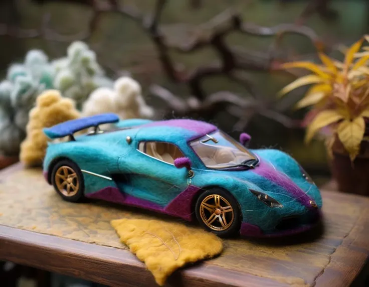 Felted Doll that looks like hypercar, Rich, jewel-toned color palette,  intricate accurate details, 8K. <lora:20230930-1696066978110:1>