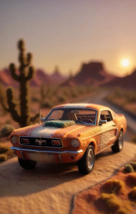 Retro Game (felted ford mustang:1.4) <lora:Felted Doll_v1.0:1.2>, desert highway at sunset, 8-bit Color Palette, Pixel Texture, Pixel Art Style, Isometric Perspective, highly detailed, two tone lighting, borderlands game style, soft smooth lighting, vibrant colors, two tone lighting, 100mm lens, 3d blender render