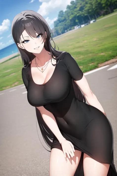 solo, standing, looking at viewer, outdoors, sunny, normal angle, contrapposto, clear background, smile
<lora:Ji-Ah2:0.8>, ji-ah, black dress, cleavage, necklace