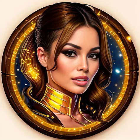 icon portrait of beautiful girl justinagradek , Medium Brown cape, Bright Yellow glow, round frame, white background <lora:sxzDUCKForGameAssets_v10:0.9>