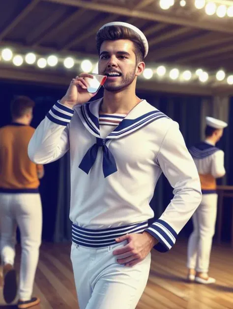 best quality, masterpiece, highres, detailed, realistic, <lora:Detail - add_detail:0.2>, SailorCh,  <lyco:Change - SailorCh:0.8>, white shirt, white pants, 1man, halloween party, having fun, dancing, drinking, multiple people, sailor collar