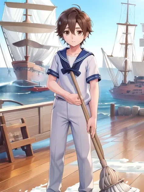 best quality, masterpiece, highres, detailed, digital artwork, <lora:Detail - add_detail:0.2>, SailorCh,  <lyco:Change - SailorCh:0.8>, white shirt, white pants, holding mop, 1boy mopping ship deck, FNaFGregory, brown hair, short hair, brown eyes, <lora:Character - FNaFGregory:0.8>