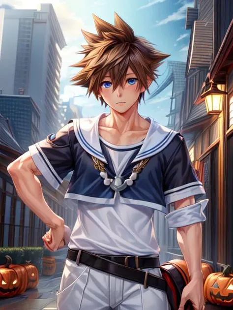 best quality, masterpiece, highres, detailed, digital artwork, <lora:Detail - add_detail:0.2>, SailorCh,  <lyco:Change - SailorCh:0.8>, white shirt, white pants, Sora-KHII, brown hair, spiked hair, blue eyes,  <lora:Character - SoraKHII:0.7>, 1boy, costume party, halloween, multiple people,