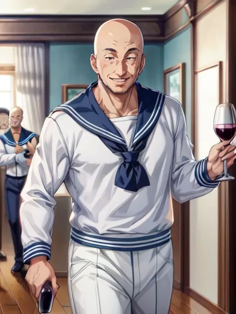best quality, masterpiece, highres, detailed, digital artwork, <lora:Detail - add_detail:0.2>, SailorCh, <lyco:Change - SailorCh:0.8>, white shirt, white pants, c-Tadokoro, <lora:Character - Tadokoro:0.8>, 1man, bald, smile, party, public, indoors, holding a glass of wine, sailor collar,