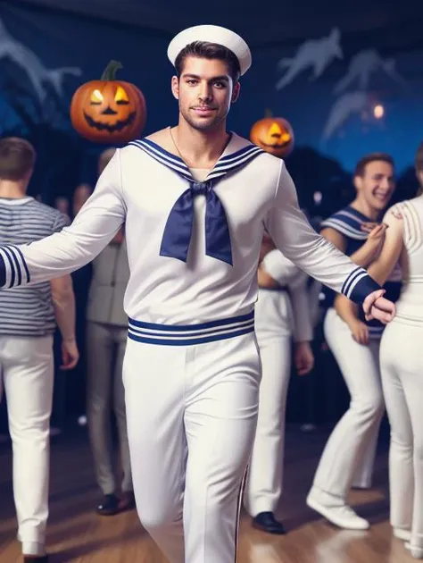 best quality, masterpiece, highres, detailed, realistic, <lora:Detail - add_detail:0.2>, SailorCh,  <lyco:Change - SailorCh:0.8>, white shirt, white pants, 1man, halloween party, having fun, dancing, drinking, multiple people, sailor collar