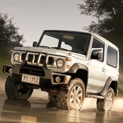 tsuzuki1110, original, car, ground vehicle, headlight, license plate, motor vehicle, no humans, shadow, simple background, sports utility vehicle, suzuki (company), suzuki jimny, vehicle focus, white background, offroad, driving through mud, (masterpiece), (highest quality), (intricate), (high detail), sharp focus, HDR, ((photorealistic|realistic):1.5)