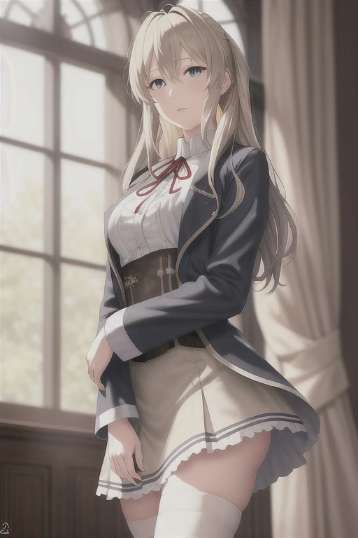 violet_evergarden, violet_evergarden(series), 1girl, mature female, bangs, blonde hair, blue eyes, blue jacket, blurry, blurry background, closed mouth, curtains, day, floating hair, green brooch, hair between eyes, hair intakes, hair ribbon, holder, indoors, jacket, letter, long skirt, long sleeves, looking at viewer, medium hair, prosthetic hand, red ribbon, ribbon, skirt, solo, standing, white skirt, (masterpiece), (highest quality), (intricate), (high detail), sharp focus, HDR, ((photorealistic|realistic):1.5)