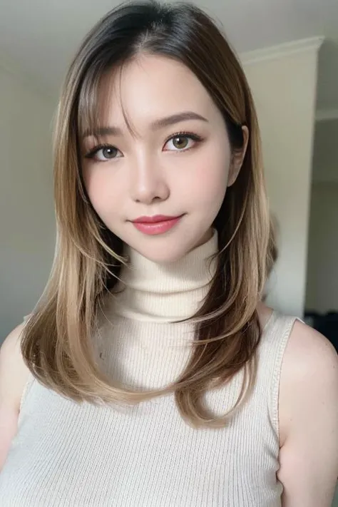 1girl,(wearing a sleeveless turtleneck sweater:1.2),(RAW photo, best quality), (realistic, photo-realistic:1.4), masterpiece, an extremely delicate and beautiful, extremely detailed, 2k wallpaper, Amazing, finely detail, extremely detailed CG unity 8k wallpaper, ultra-detailed, highres, soft light, beautiful detailed girl, extremely detailed eyes and face, beautiful detailed nose, beautiful detailed eyes,cinematic lighting,autumn scenery,perfect anatomy,slender body,smiling <lora:matchamei_lora:0.8>