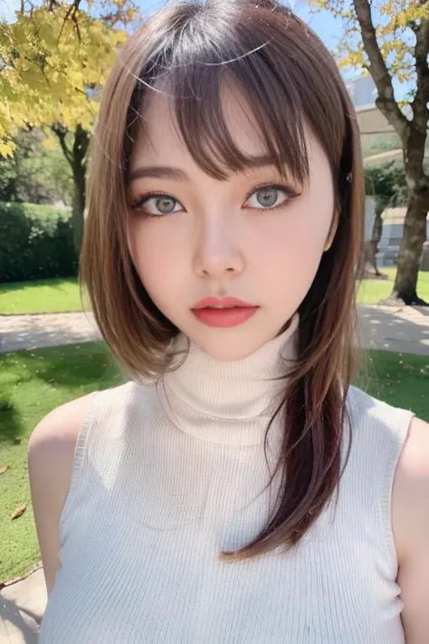 1girl,(wearing a sleeveless turtleneck sweater:1.2),(RAW photo, best quality), (realistic, photo-realistic:1.4), masterpiece, an extremely delicate and beautiful, extremely detailed, 2k wallpaper, Amazing, finely detail, extremely detailed CG unity 8k wallpaper, ultra-detailed, highres, soft light, beautiful detailed girl, extremely detailed eyes and face, beautiful detailed nose, beautiful detailed eyes,cinematic lighting,(autumn scenery,outdoor,in a park)perfect anatomy,slender body, <lora:matchamei_lora:0.8>