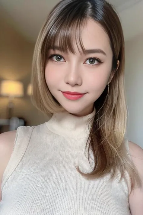 1girl,(wearing a sleeveless turtleneck sweater:1.2),(RAW photo, best quality), (realistic, photo-realistic:1.4), masterpiece, an extremely delicate and beautiful, extremely detailed, 2k wallpaper, Amazing, finely detail, extremely detailed CG unity 8k wallpaper, ultra-detailed, highres, soft light, beautiful detailed girl, extremely detailed eyes and face, beautiful detailed nose, beautiful detailed eyes,cinematic lighting,autumn scenery,perfect anatomy,slender body,smiling <lora:matchamei_lora:0.8>