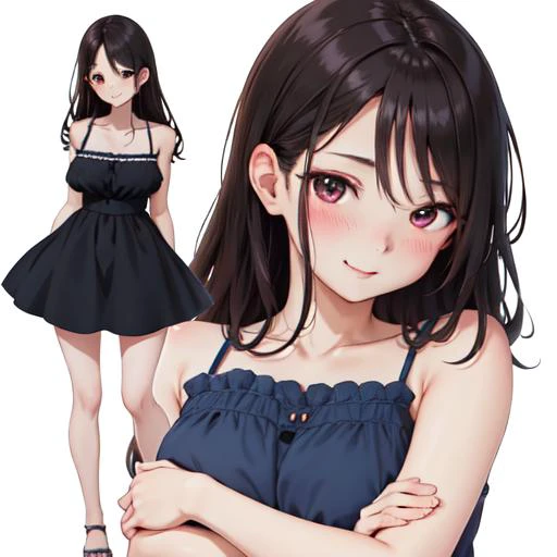 anime, 4k, detailed, intrincated, absurdres, high quality, fullshot, round face, plump, black hair, wavy hair, woman, right side combed, left side combed, whole body, blue sundress, blush, gentle smile, standing