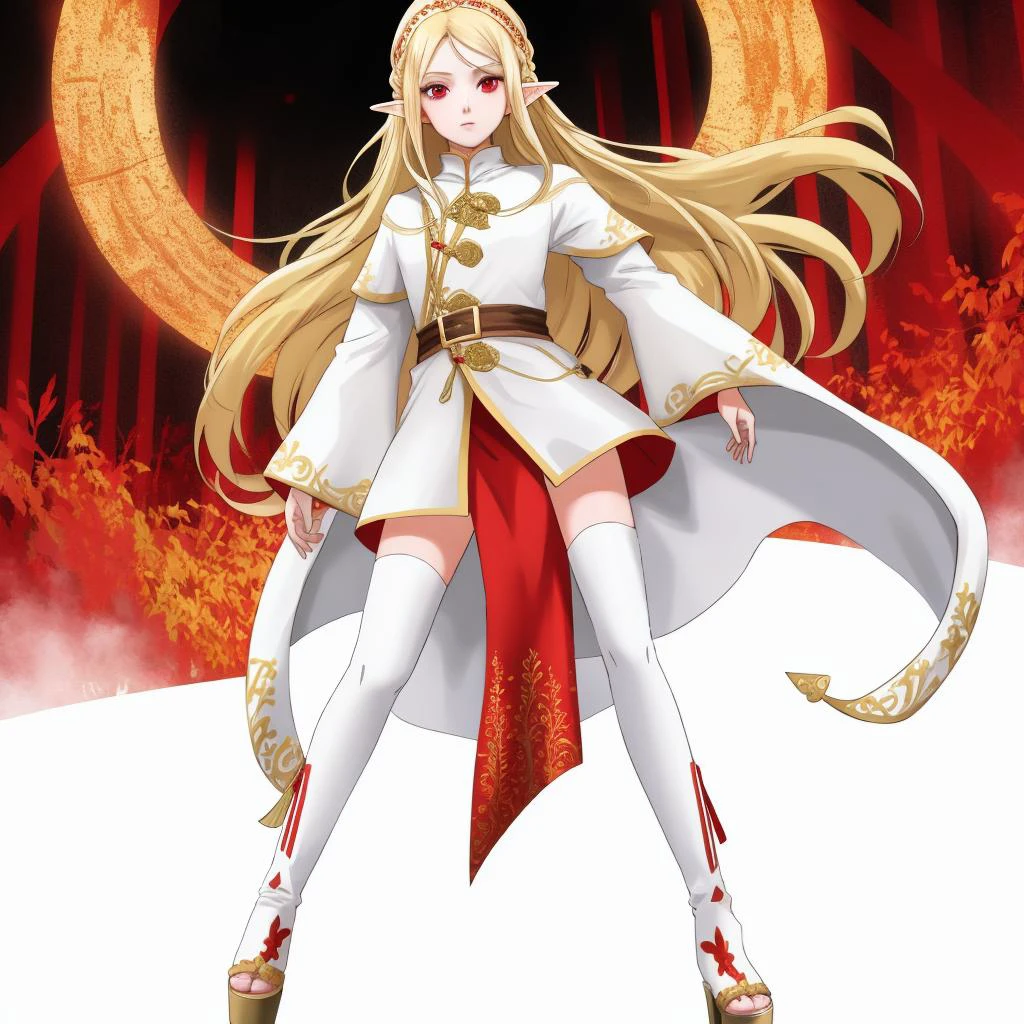 1 girl,full body, white person, long hair, blond hair, red eye, elf,