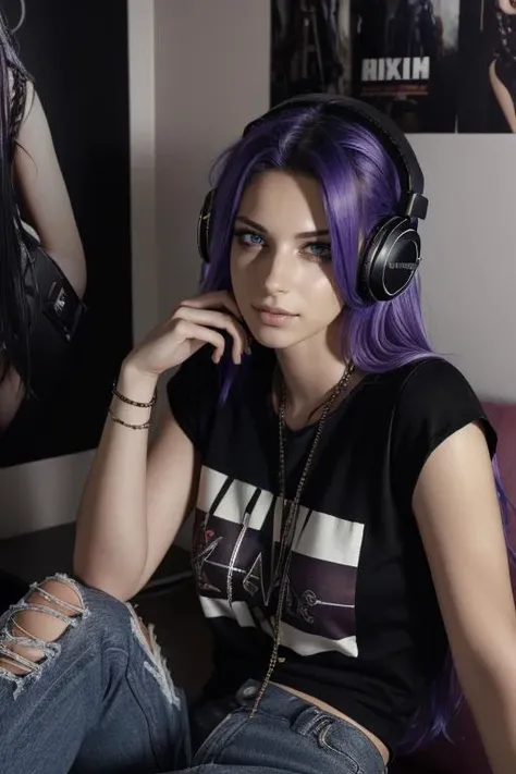 (masterpiece, best quality, highres, absurdres, ultra-detailed, photorealistic, realistic:1.3), 1girl, <lyco:locon_dodger_v1:0.7>, ((sks woman, headphones, music, laying down)), rainbow hair, medium length hair, gamer girl, wallscrolls and posters in background, <lora:edgGrungeFreestyle:0.6>smile, casual, black tshirt, torn skinny jeans with rips, ((edgGrunge, wearing edgGrunge fashion, mascara, modelshoot style)) <lora:LowRA:0.45>