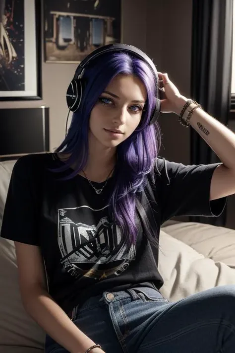 (masterpiece, best quality, highres, absurdres, ultra-detailed, photorealistic, realistic:1.3), 1girl, <lyco:locon_dodger_v1:0.7>, ((sks woman, headphones, music, laying down)), rainbow hair, medium length hair, gamer girl, wallscrolls and posters in background, <lora:edgGrungeFreestyle:0.6>smile, casual, black tshirt, torn skinny jeans with rips, ((edgGrunge, wearing edgGrunge fashion, mascara, modelshoot style)) <lora:LowRA:0.45>