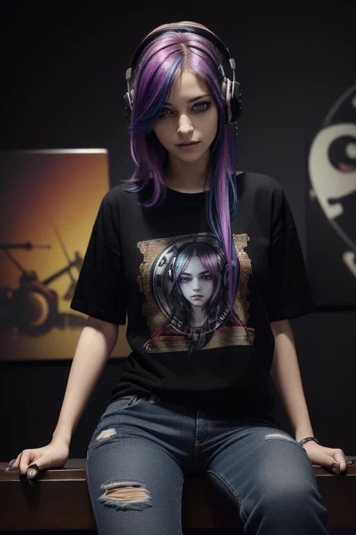 (masterpiece, best quality, highres, absurdres, ultra-detailed, photorealistic, realistic:1.3), 1girl, <lyco:locon_dodger_v1:0.7>, ((sks woman, sitting, headphones)), rainbow hair, medium length hair, gamer girl, wallscrolls and posters in background, <lora:edgGrungeFreestyle:0.6>smile, (casual, black tshirt, skinny jeans with rips), ((edgGrunge, wearing edgGrunge fashion, mascara, modelshoot style)) <lora:LowRA:0.55>