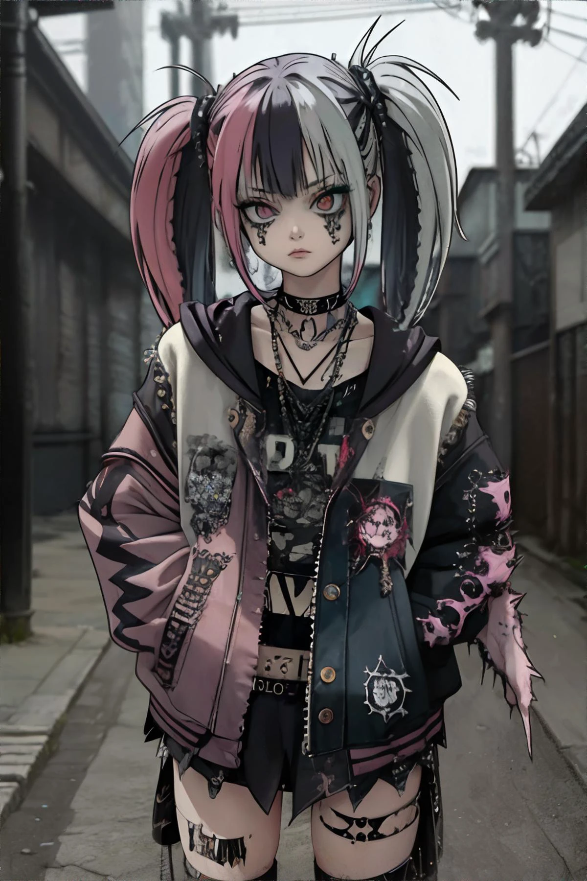 <lora:grungefreestyle-edg:1.00>, woman wearing edgGrunge fashion || skin, hair, clothing, masterpiece, 8k, high resolution, shallow depth of field, sharp focus