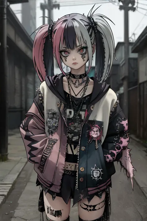 <lora:grungefreestyle-edg:1.00>, woman wearing edgGrunge fashion || skin, hair, clothing, masterpiece, 8k, high resolution, shallow depth of field, sharp focus