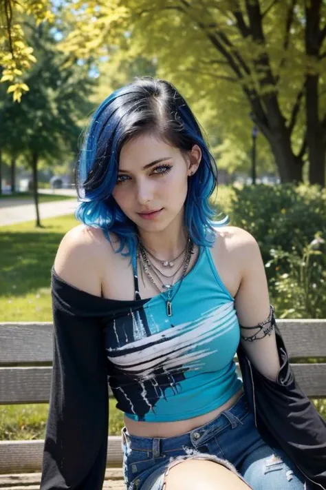 (masterpiece, best quality, highres, absurdres, ultra-detailed, photorealistic, realistic:1.3), 1girl, <lyco:locon_dodger_v1:0.65>, ((photo of sks woman)), sitting at desk, cyan hair, medium length hair, gamer girl, city park, park bench, summer, green leaves, <lora:edgGrungeFreestyle:0.35>smile, casual, ((bare shoulder, long sleeve)), skinny jeans with rips, bracelets, ((edgGrunge, wearing edgGrunge fashion, mascara))