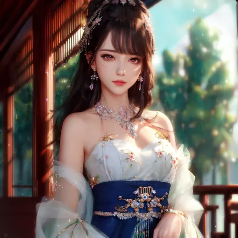(best quality),((masterpiece)),(highres), original, (extremely detailed 8K wallpaper), overexposure,1girl,(medium breasts),(an extremely delicate and beautiful),(Beautiful and detailed eye description),(Rimless glasses),(Beautiful and detailed facial depiction),(solo),(upper body),arms behind back,Rainskirt,hair ornament, necklace, jewelry,earrings,chinese style architecture,wavy hair,messy hair,swept bangs,, masterpiece, best quality,