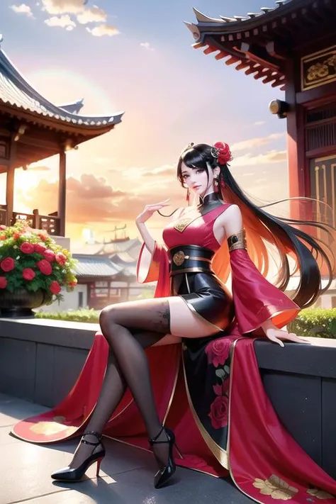 camellia,flower,red_flower,red_rose,rose,pink_rose,pink_flower,spider_lily,long_hair,sheath,sheathed,vase,1girl,solo,full body,looking_at_viewer,sitting,extreme detailed beautiful face,extremely detailed legs,black_pantyhose,
(perfect symmetrical body),orange_flower,rose_petals,black_shirt,black_legwear,black_skirt,hibiscus,very_long_hair,sailor_collar,black_hair,neckerchief,
hair ornament,smile,closed mouth,lips china dress,hair ornament,high_heels,jewelry,long hair,earrings,dress,chinese clothes,architecture,east asian architecture,building,outdoors,rooftop,city,cityscape,huge filesize,colorful,realistic,reality,