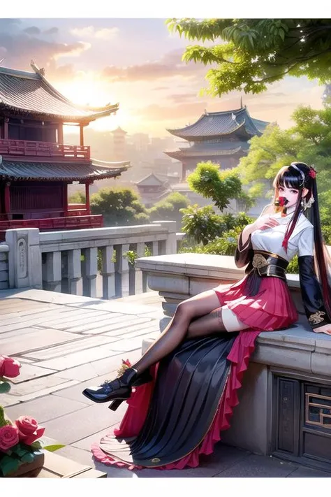 camellia,flower,red_flower,red_rose,rose,katana,1girl,pink_rose,pink_flower,spider_lily,shoes,long_hair,school_uniform,serafuku,sheath,skirt,solo,sheathed,vase,looking_at_viewer,sitting,orange_flower,pleated_skirt,rose_petals,black_shirt,black_legwear,black_skirt,hibiscus,very_long_hair,parted_lips,loafers,sailor_collar,black_hair,neckerchief,<lora:add_detail:1>,<lora:behisheroinev10:0.2>,Beautiful face,hair ornament,solo,smile,closed mouth,lips china dress,dress,hair ornament,necklace,jewelry,long hair,earrings,chinese clothes,architecture,east asian architecture,building,outdoors,rooftop,city,cityscape,<lora:Aurora_5D_black_pantyhose:0.8>,