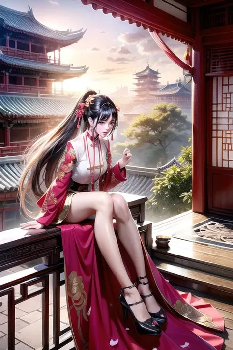 camellia,flower,red_flower,red_rose,rose,katana,1girl,pink_rose,pink_flower,spider_lily,shoes,long_hair,school_uniform,serafuku,sheath,skirt,solo,sheathed,vase,looking_at_viewer,sitting,orange_flower,pleated_skirt,rose_petals,black_shirt,black_legwear,black_skirt,hibiscus,very_long_hair,parted_lips,loafers,sailor_collar,black_hair,neckerchief,<lora:add_detail:1>,<lora:behisheroinev10:0.2>,Beautiful face,hair ornament,solo,smile,closed mouth,lips china dress,dress,hair ornament,necklace,jewelry,long hair,earrings,chinese clothes,architecture,east asian architecture,building,outdoors,rooftop,city,cityscape,<lora:Aurora_5D_black_pantyhose:0.8>,